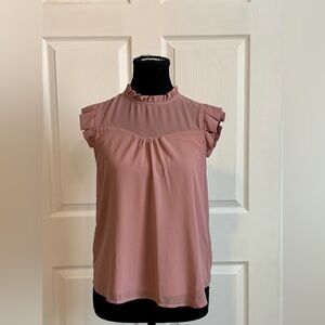 Monteau Pink Flutter Sleeve Blouse with Mandarin Collar